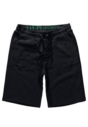Shorts sportivi neri realizzati in tessuto morbido. Presentano una vita elastica nera con il testo verde "JAY P" e due tasche laterali.