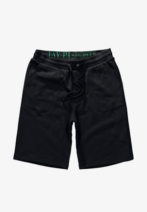 Shorts de sport noirs en tissu doux. Dotés d'une ceinture élastique noire avec le texte "JAY P" en vert et de deux poches latérales.