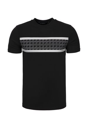 Black short-sleeve t-shirt with a patterned horizontal band across the chest bordered by two white stripes.