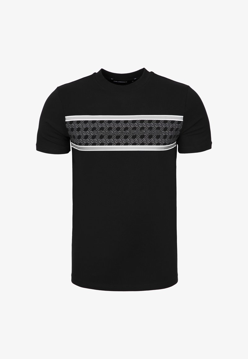 Czarny t-shirt z krótkim rękawem z wzorzystym poziomym pasem na wysokości klatki piersiowej, obramowanym dwoma białymi paskami.