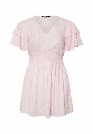 Lichtroze korte jurk met subtiel bloemmotief, V-hals, kort gerimpeld mouwtje en een aansluitende elastische taille.