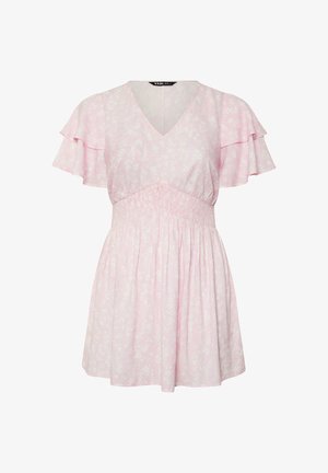 Hellrosa kurzes Kleid mit dezentem Blumenmuster, V-Ausschnitt, gerafften kurzen Ärmeln und tailliertem elastischem Bund.