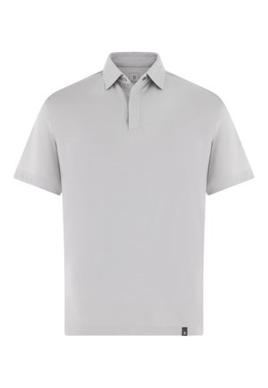 Jasnoszara koszulka polo z gładkiej, tkanej tkaniny, z tradycyjnym kołnierzykiem i krótkimi rękawami. Subtelne logo przy dolnym brzegu.