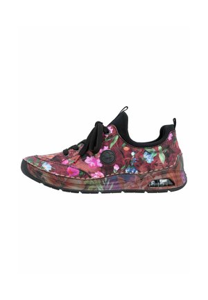 Lav sneaker med sorte snørebånd og sål, med et flerfarvet blomstermønster og en gennemsigtig luftpude i hælen.