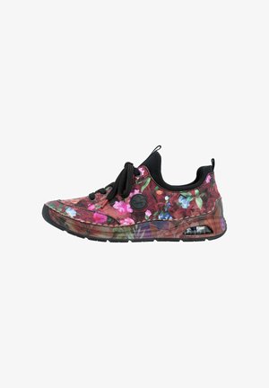 Low-Top Sneaker mit schwarzen Schnürsenkeln und Sohle, mit einem mehrfarbigen Blumenmuster und einem transparenten Luftpolster in der Ferse.