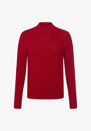 Rode, gebreide trui met een hoge halslijn, lange mouwen en geribbelde details. Heeft een textuur en een lichtgewicht stof.