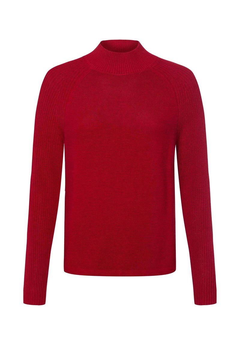 Pull en tricot rouge avec un col haut, des manches longues et des détails en côtes. Il présente un tissu texturé et léger.