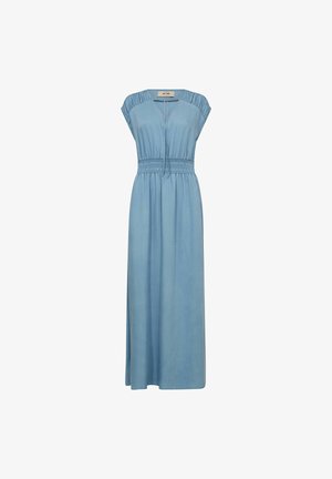 Hellblaues ärmelloses Maxikleid mit gerafften Schultern, V-Ausschnitt mit Bindeband und elastischem Taillenbund.