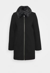 Cappotto nero in misto lana con colletto in pelliccia sintetica, chiusura frontale con zip e due tasche laterali. Design dritto, maniche lunghe.