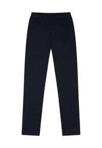 Mörkblå leggings i mjukt, elastiskt tyg. Har en elastisk midja och en slät yta utan synliga mönster eller dekorationer.