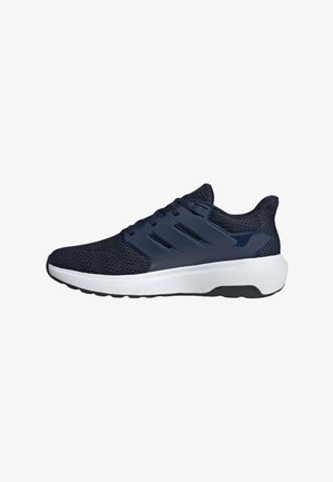 Dunkelblauer Sportschuh mit Mesh-Obermaterial, Schnürverschluss, weißer Mittelsohle und schwarzer Außensohle, von der Seite auf weißem Hintergrund gezeigt.