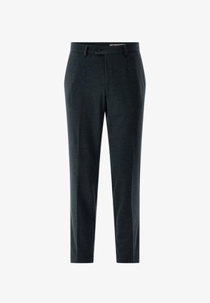 Dark charcoal trousers with a textured fabric, slim fit design, straight legs, single button closure, and front pockets.