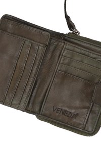 Olive green leather wallet with a textured interior, featuring multiple card slots and a zipper closure. Embossed "VENEZIA" logo present.
