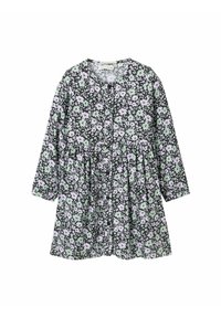 Blumenkleid mit schwarzem Hintergrund, verziert mit kleinen lila und grünen Blumen. Lange Ärmel und Knopfverschluss am Hals, ausgestellt gesäumt.