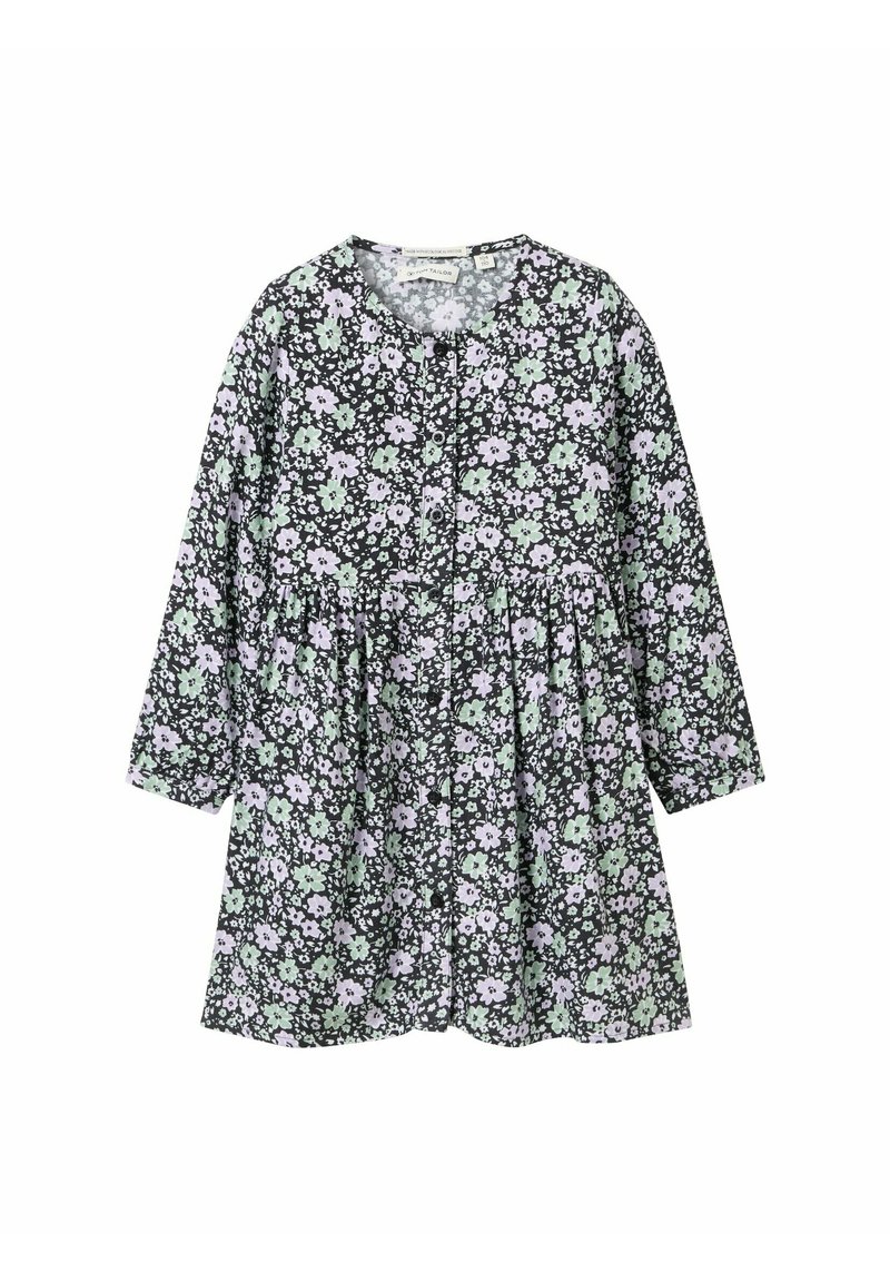 Blumenkleid mit schwarzem Hintergrund, verziert mit kleinen lila und grünen Blumen. Lange Ärmel und Knopfverschluss am Hals, ausgestellt gesäumt.