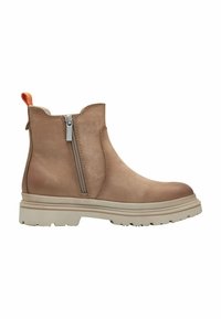 Bottines en cuir tan avec fermeture éclair sur le côté, semelle en caoutchouc beige, bout rond et une languette orange à l'arrière. Texture lisse.