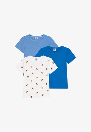 Three T-shirts: one blue solid, one blue striped, and one white with colorful ice cream cone patterns. All have short sleeves and crew necks.