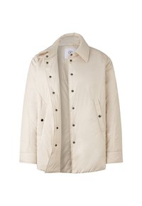 Beżowa pikowana kurtka z kołnierzem, zatrzaskami i bocznymi kieszeniami. Gładki materiał o lekko błyszczącym wykończeniu i minimalnym detalu szewnym.