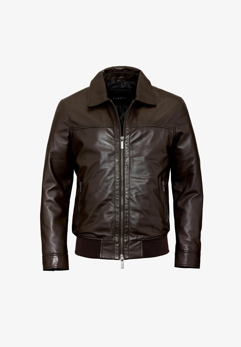 Veste en cuir marron avec fermeture éclair sur le devant, deux poches latérales, ourlet et poignets en maille côtelée, et col classique. Texture lisse et coupe ajustée.