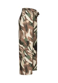 Culotte-bukser i et lett stoff med et grønt og brunt abstrakt trykk, med høy midje og et knyttet beltedetalj.