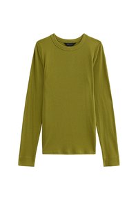 Langarmshirt van ribstof, in olijfgroene kleur, met een ronde hals en een rechte zoom. Eenvoudig, aansluitend ontwerp.