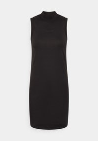 Czarna sukienka bez rękawów z wysokim kołnierzem, wykonana z miękkiego materiału, z delikatnym logo Calvin Klein na środku. Prosty, minimalistyczny design.