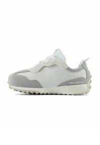 White and gray sneaker with a textile and suede upper, round laces, and a textured sole. Features a small logo on the side.