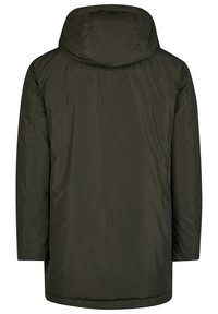 Mörkgrön isolerad kappa med huva, rak skärning, slät textur och ingen synlig detalj på baksidan.