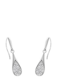 Hängörhängen i sterling silver med en tårform; ena sidan pryds av små klara kristaller som reflekterar ljus. Slät metallisk yta.