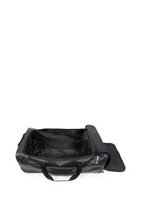Borsa da viaggio duffel in tessuto nero e resistente, con zip esterna, due manici superiori e un interno ampio e non strutturato. Nessuna tasca aggiuntiva visibile.