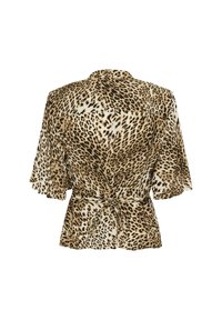 Leopard print blouse with flutter sleeves, beige and brown color scheme, tied waist detail, and soft, smooth fabric texture.