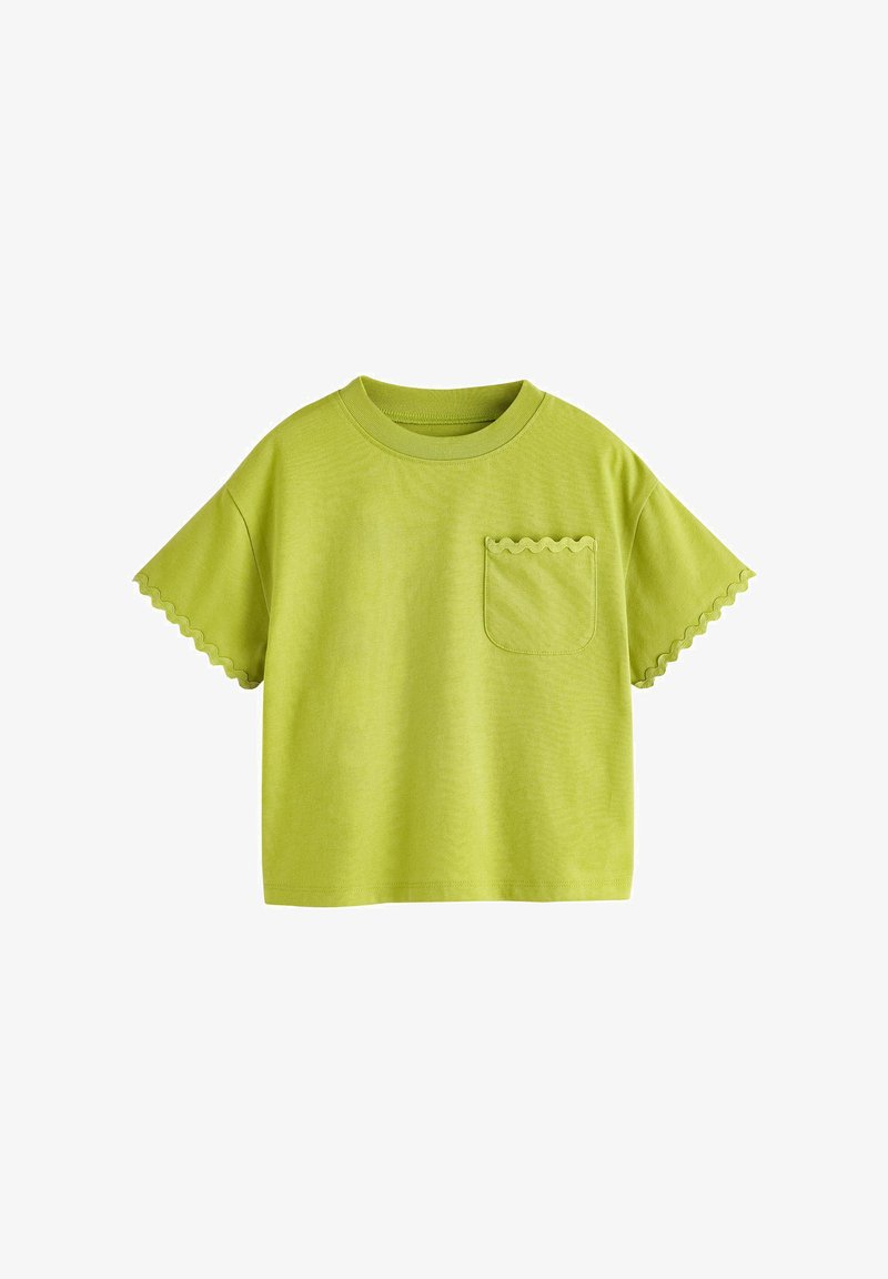 T-shirt vert citron à manches courtes avec bords festonnés sur les manches et la poche, col rond, coupe décontractée.