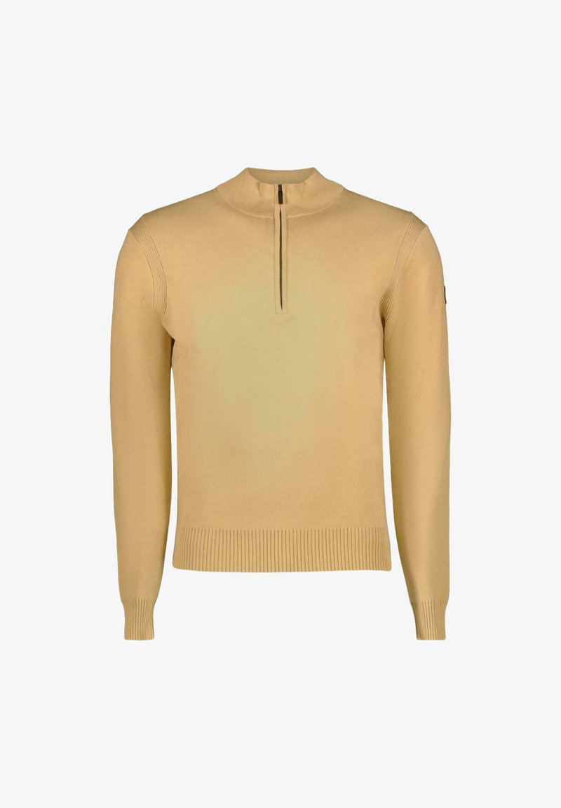 Gebreide pullover in lichtbeige, met een hoge hals, halve rits en geribbelde mouwen en zoom. Gladde textuur met minimale details.