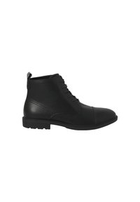 Botas de cuero negro hasta el tobillo con una textura suave, diseño de cordones, punta redondeada y suela de goma duradera; cuenta con una lengüeta para facilitar el uso.