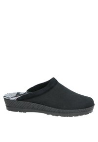 Zwarte instapklompen met een zachte, gestructureerde bovenkant, een gevoerde voetbed en een gestreepte binnenzool. Rubberen loopzool met een geweven design.