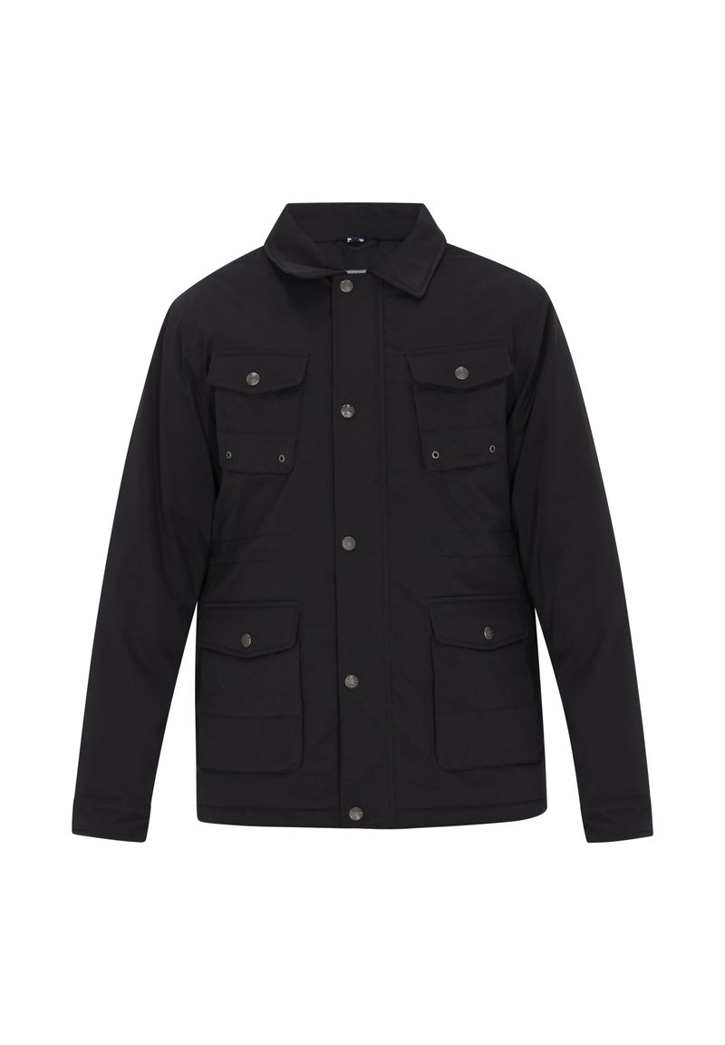 Schwarze Jacke mit einer durchgehenden Knopfleiste, zwei Brusttaschen und zwei unteren Taschen. Aus glattem Stoff mit einem klassischen Kragen und metallischen Akzenten gefertigt.