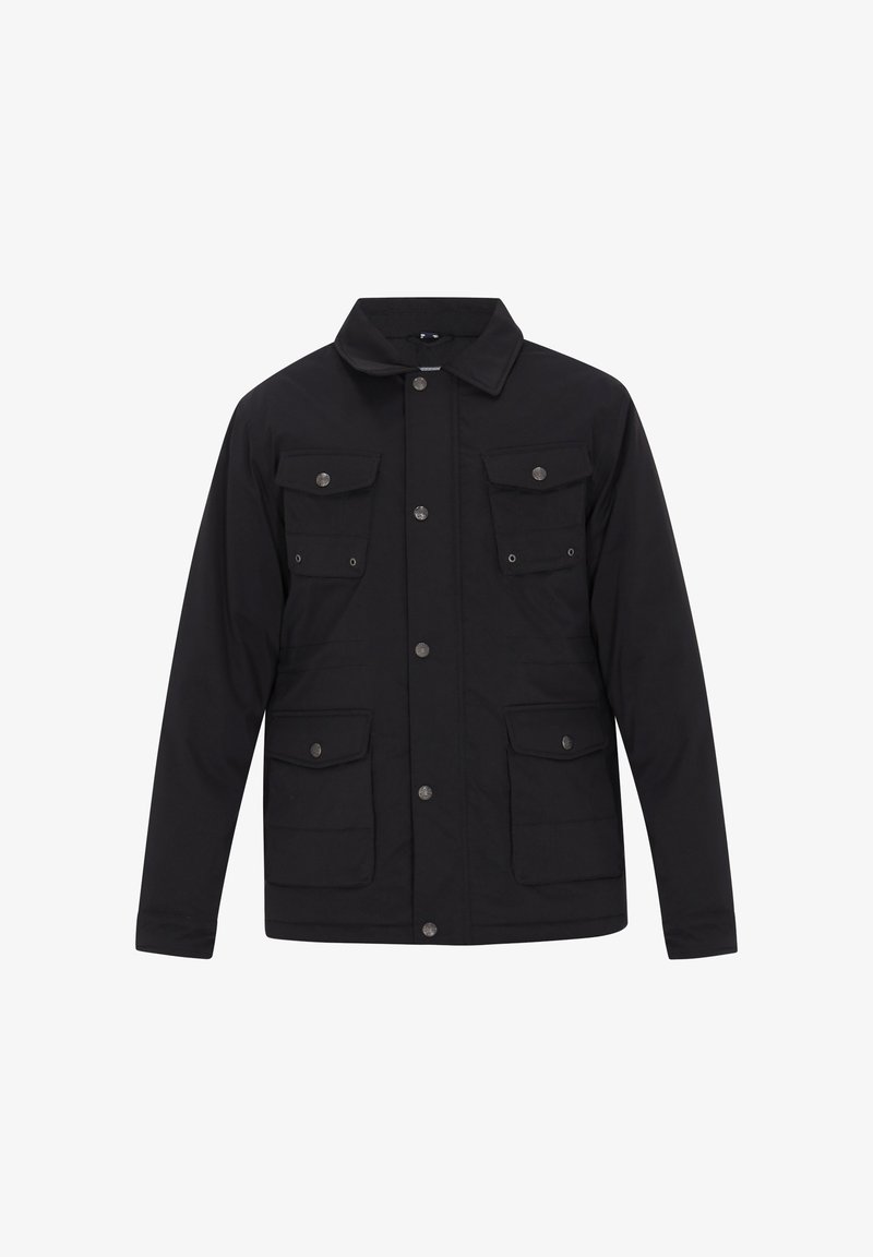 Schwarze Jacke mit einer durchgehenden Knopfleiste, zwei Brusttaschen und zwei unteren Taschen. Aus glattem Stoff mit einem klassischen Kragen und metallischen Akzenten gefertigt.