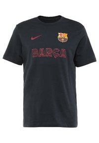 Black cotton T-shirt featuring the Nike logo on the left chest, with "BARÇA" printed in bold red letters beneath a Barcelona club crest.