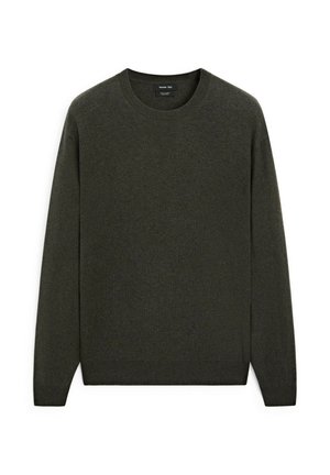 Maglione lavorato a maglia verde scuro con collo rotondo, maniche lunghe e polsini e orlo a costine. Realizzato in un morbido tessuto testurizzato. Design semplice senza fantasie.