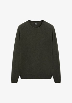 Donkergroen gebreide trui met een ronde hals, lange mouwen en geribbelde manchetten en zoom. Gemaakt van zachte, gestructureerde stof. Eenvoudig ontwerp zonder patronen.