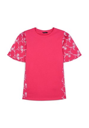 T-shirt rosa a maniche corte con un corpo uniforme e dettagli floreali sulle maniche. Realizzato in morbido cotone. Collo tondo.