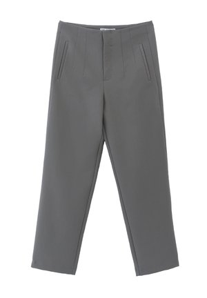 Graue maßgeschneiderte Hose aus glattem Stoff, mit vorderen Falten, seitlichen Taschen und geradem Bein. Knöchellange Passform.