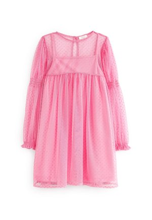 Pinkes Mädchenkleid mit langen Ärmeln, transparentem Polka-Dot-Überzug, elastischen Bündchen und geraffter Taillendetail.