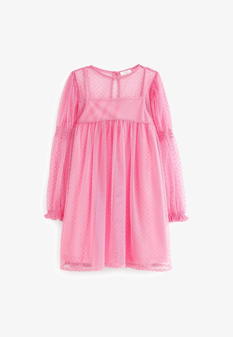 Robe rose à manches longues pour fille avec surcouche transparente à pois, poignets élastiques et détail de taille froncée.