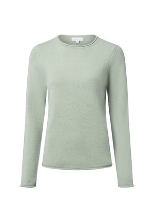 Pull en maille vert clair à manches longues, avec un col rond et des poignets cintrés, présenté sur un fond blanc.