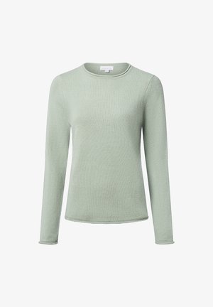 Lichtgroene gebreide sweater met lange mouwen, ronde hals en strakke boorden, gepresenteerd op een witte achtergrond.