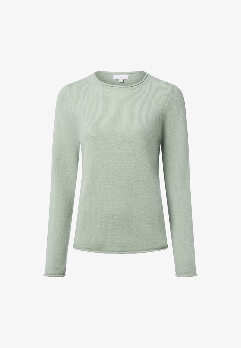 Pull en maille vert clair à manches longues, avec un col rond et des poignets cintrés, présenté sur un fond blanc.