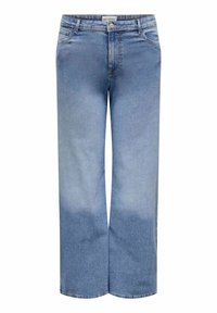 Jeans de mezclilla de pierna ancha en azul claro, con una textura desgastada, que cuentan con un cierre de botón y bucles para cinturón, diseñados para un ajuste relajado.