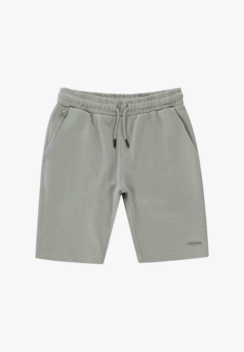 Lichtgrijze sweatshorts van zacht materiaal, met een elastische tailleband, een trekkoord en twee zijzakken met minimale stikdetails.