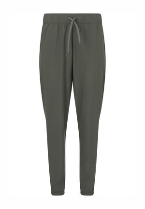 Dunkelgrüne, schmal zulaufende Jogginghosen mit elastischem Bund, Kordelzug, Seitentaschen und elastischen Bündchen an den Knöcheln.